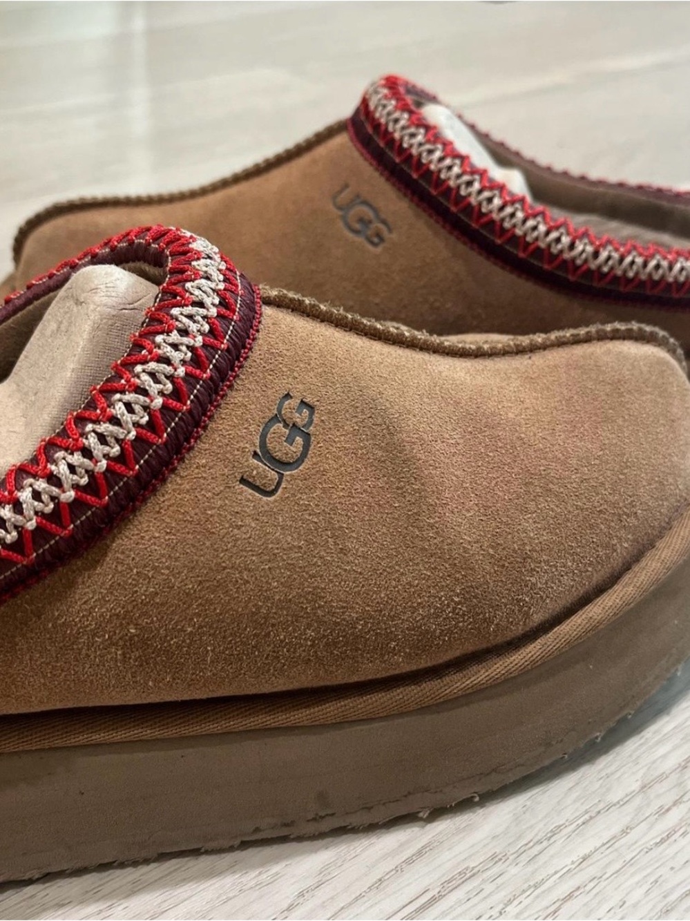 WATERPROOF UGG Chestnut Suede Slip-On Clog with Red Trim